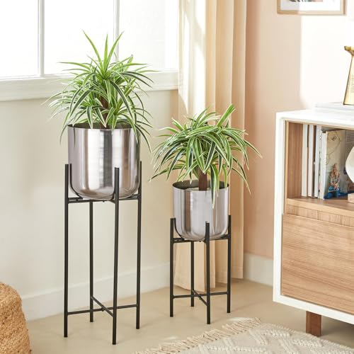 Image of amazon basics Set of 2 Planter with Plant Stand and Flower Pot for Home Decor and Indoor and Outdoor Gardening (Silver Finish)