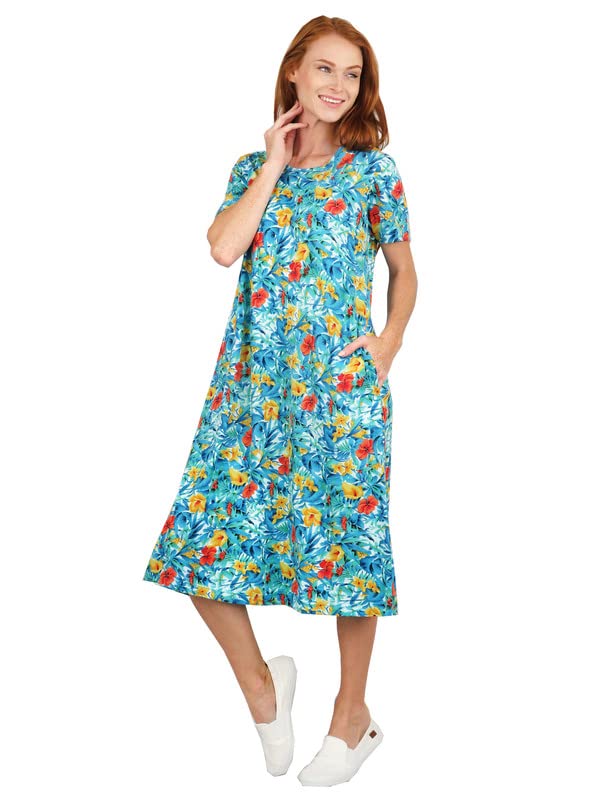Image of LA CERA Women's Cotton Sun Dresses A-Line with Scoop Neck, Short Sleeves, Side Pockets, Floral Patterns, Machine Wash