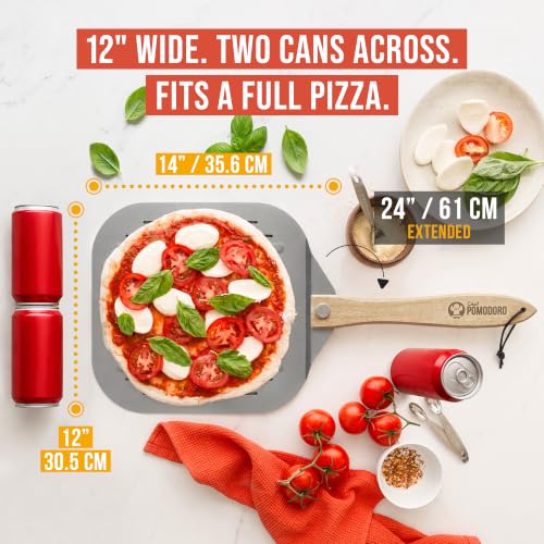 Image of Chef Pomodoro Perforated Aluminum Pizza Peel 12x14 in Foldable Wood Handle