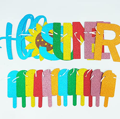 Cavla Glitter Hello Summer Banner With Sunflower Signs And Colorful Glittery Popsicle Banner Hello Summer Ice Cream Garland Banner Summer Birthday Party Fireplace Mantle Decorations Supplies #TOP2