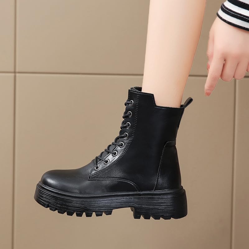 Women's Lace Up Combat Boots Platform Ankle Booties with Side Zipper Chunky Low Heel Round Toe Flat Shoes3