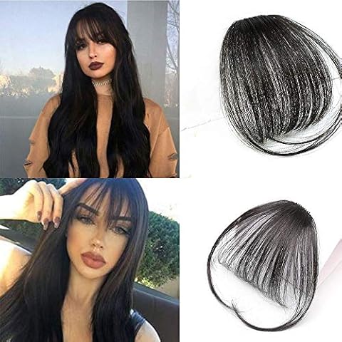Clip in Bangs 100% Real Human Hair Bangs Dark Brown Bangs Hair Clip with Temple Clip on Bangs Hair Extensions for Women (Natural Black, Wispy Bangs) Cover