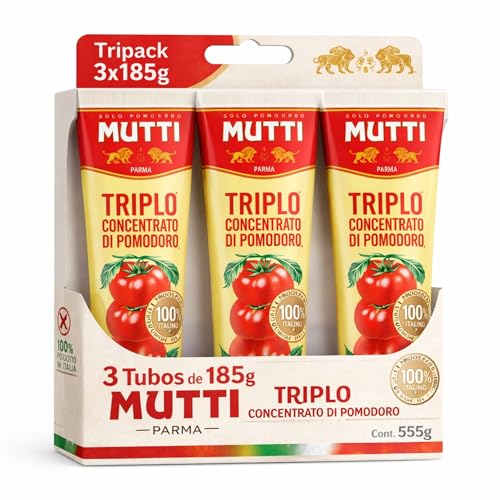 Concentrado de tomate triple Mutti, Pasta de Tomate Triple Concentrada, Hecho de pomodoro 99,6%, sal, Sin Gluten, Sin Lactosa, Sin huevos, Producto Italiano, Contiene 3 tubos de 185 gr