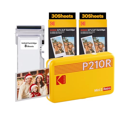 Kodak Mini 2 Retro Navidad Regalos 4Pass, Impresora Fotográfica + 68 Fotos, Fotos Instantáneas Tamaño 5,3x8,6cm, Conexión Inalámbrica Bluetooth - Amarillo