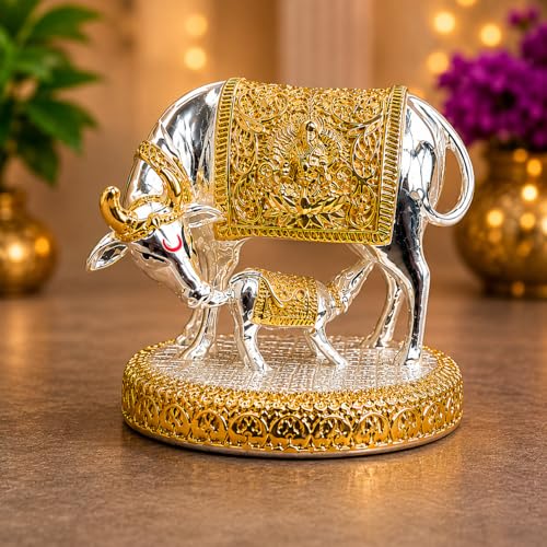 Image of KYAT Pure 999 Fine Silver Kamdhenu Cow with Calf Idol Elephant Pair (Kamdhenu Gold & Silver- 2.5'')