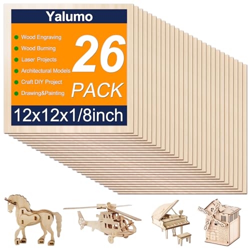 Yalumo Basswood Sheets 12 x 12 x 1/8 Inch, 26 Packs Plywood Sheets Unfinished Wood for Crafts 3mm Thick Basswood for Laser Cutting, DIY Architectural Models, Engraving, Wood Burning, Painting