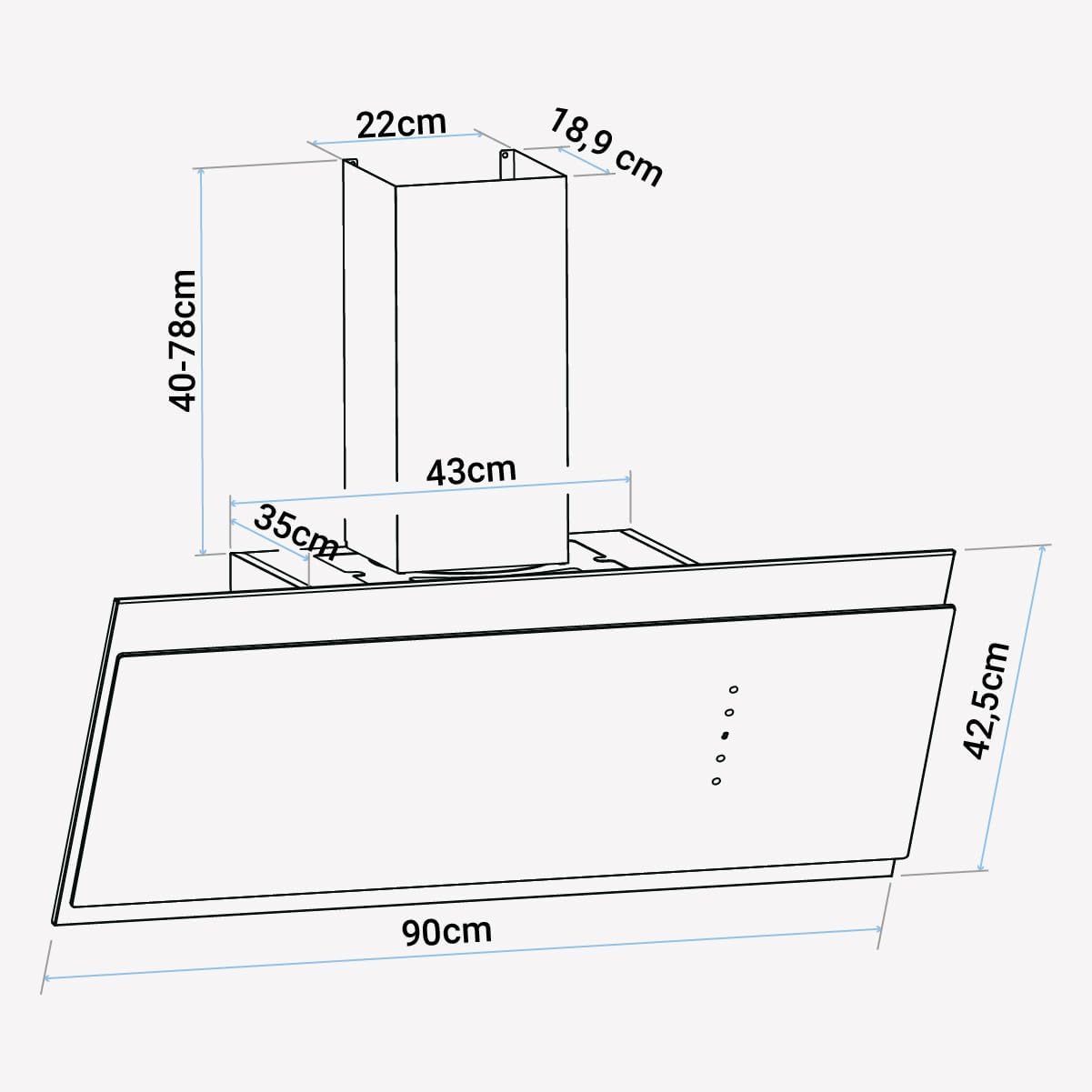 Diagram showing dimensions of the UNIVERSALBLUE range hood
