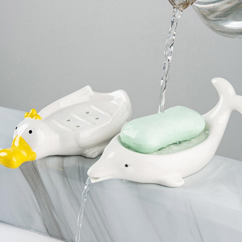 Jabonera Decorativa de Cerámica Forma de Mamífero Marino 2 Piezas | Blanco, Autodrenante para Baño y Ducha, también Sirve para Joyas y Esponja