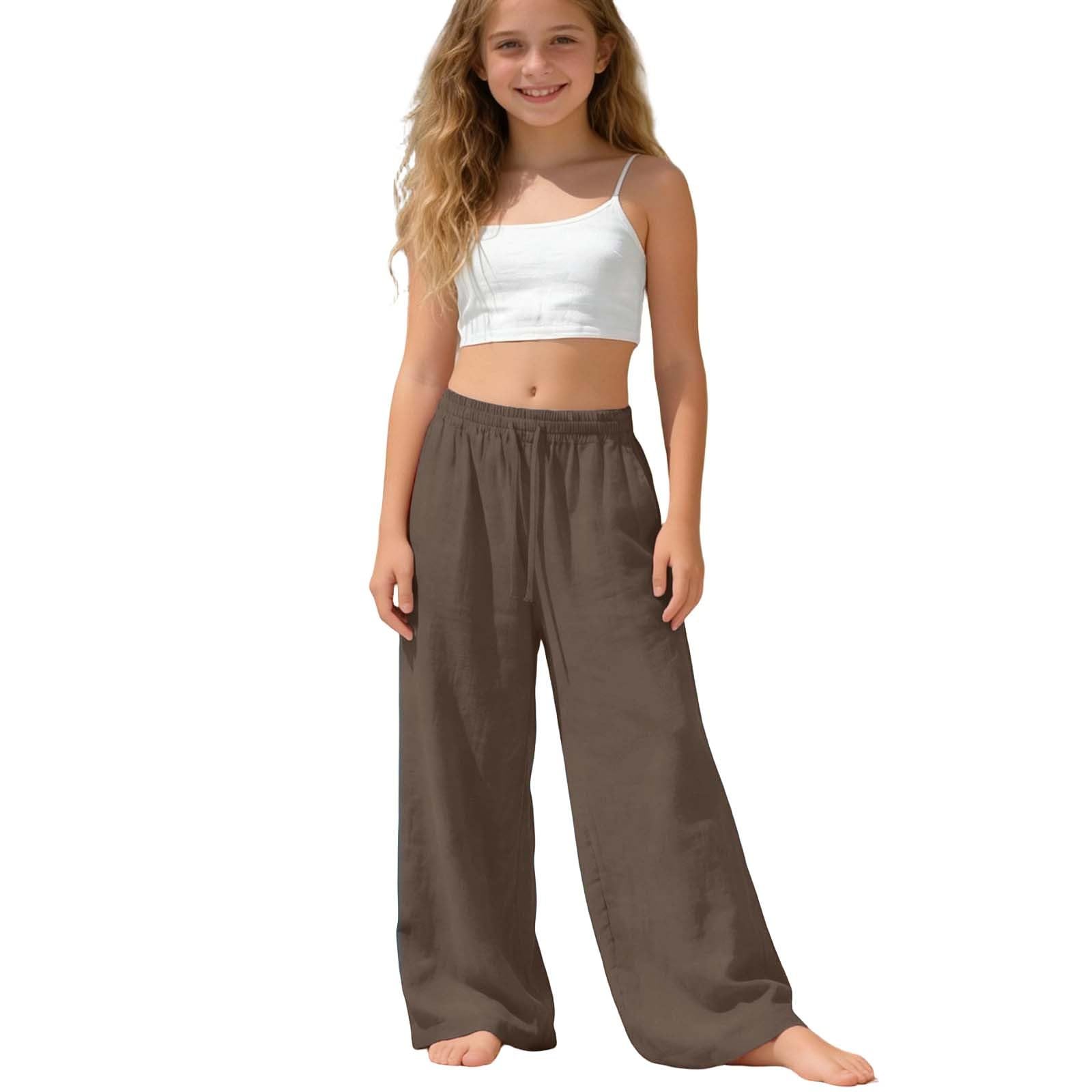 Pantaloni Gamba Larga per Ragazze in Cotone e Lino Wide Leg Cargo Sweatpants for Girls Pantaloni Larghi Estivi a Palazzo Casual con Tasca Coulisse a Vita Alta Pantaloni Larghi Tinta Unita Spiaggia