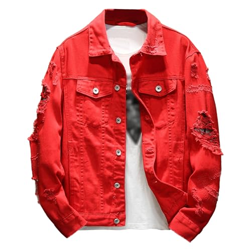 JEKE-DG Men's Distressed Ripped Biker Jean Jacket Button Down Trucker Denim Jacket Casual Loose Fit Punk Jean Coat