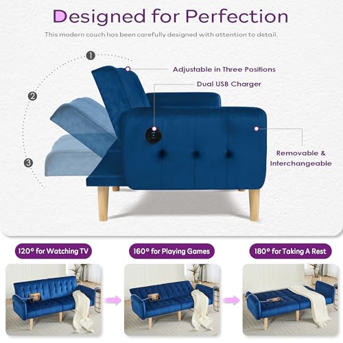 Image of TYBOATLE 62.99 inch W Velvet Modern Convertible Folding Futon Couch Sofa Bed w / 2 USB Charging Ports for Compact Living Space, Small Couches for Office, Dorm, RV Room, Apartment, Bedroom (Navy Blue)
