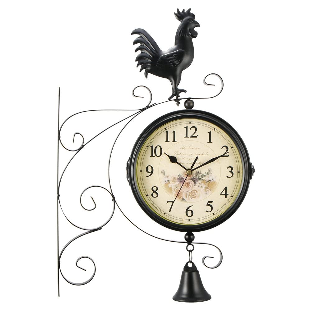 clocks Retro Double Sided Round Wall Mount Station Clock with Iron Rooster Garden Vintage Home Decor Metal Frame Glass Dial Decorative Wall Clock