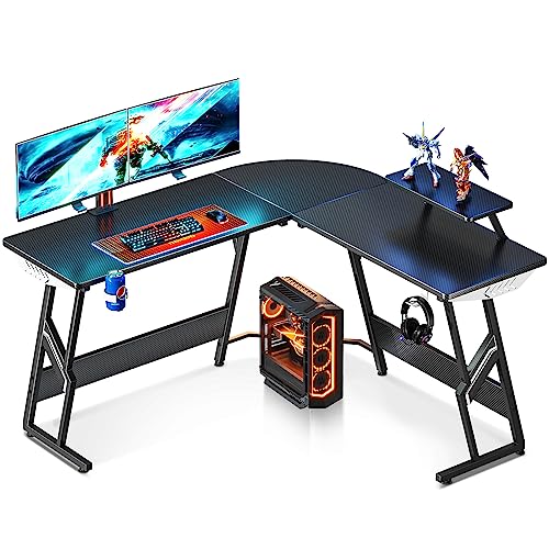 Motpk L Shaped Gaming Desk, 51 Inch Gaming Computer Desk With Carbon Fiber Texture, Gaming Table With Monitor Stand, Gamer Desk With Cup Holder And Headphone Hook, L Desk For Gaming, Black #TOP21