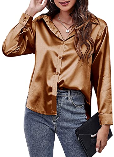 Panegy Chemise en Satin pour Femme Blouses à Manches Longues Boutonnée Haut de Travail Chemises Aspect Soie pour Dames Hauts de Bureau, Marron-1., M