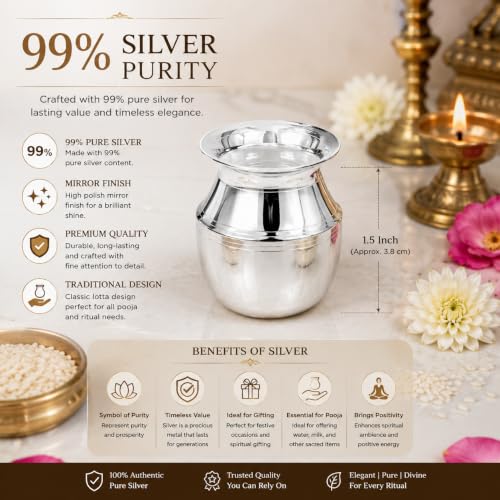 Image of Pure Silver Lotta |Kalash for Water or Milk | Home Temple Puja Article|Kitchen Article, Prosperity Gift | Handcrafted | Worship God