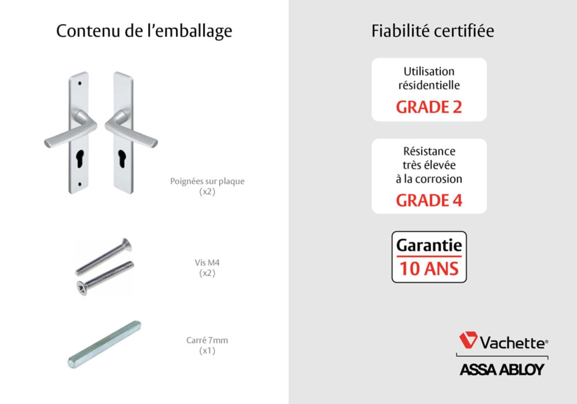 Vachette Set de Poignée de Porte sur Grande Plaque RIVIERA - Version Clé L - Porte de Chambre, Bureau - Entraxe 195 mm - Système de Pose Facile - Garantie 10 ans - Aluminium Résistant, Finition Argent