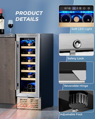 Image of EUHOMY 12 Inch Wine Cooler Refrigerator, Wine Fridge 18 Bottles, Built-in or Freestanding with Double-Layer Tempered Glass Door, Mini Fridge with Quiet and Temperature Memory Function