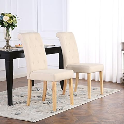 Set of 4 Premium Linen Fabric Dining Chairs Scroll High Back Cream Cover