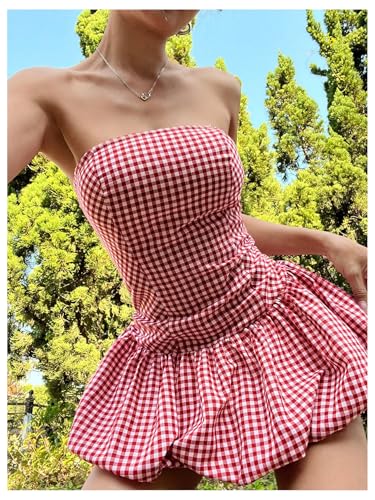 SweatyRocks Women's Plaid Strapless Bubble Dress Sleeveless Ruffle Mini Tube Dresses3