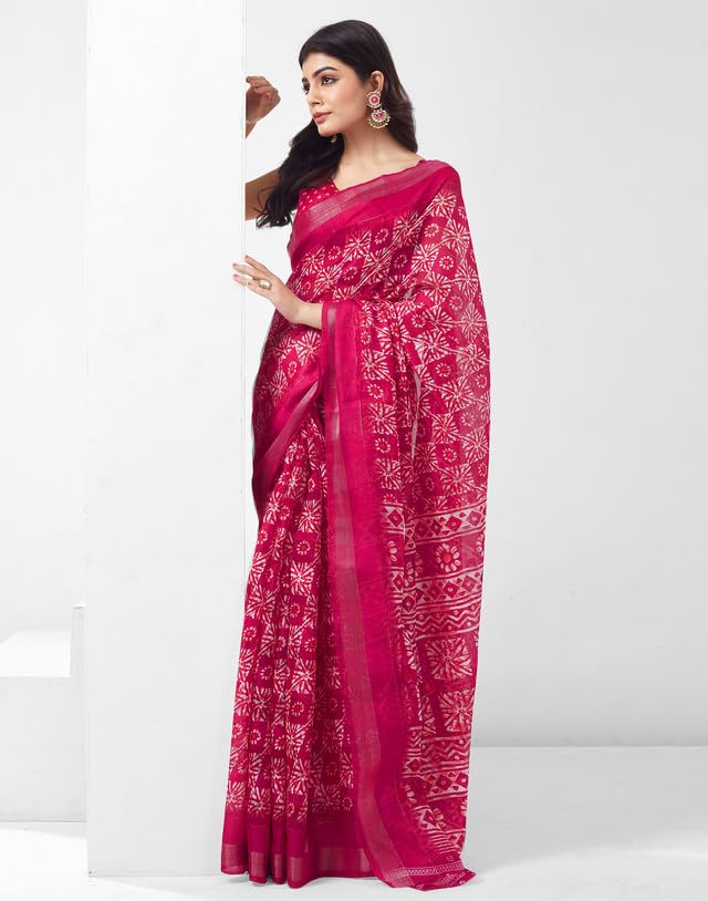 Image of SIRIL Women's Cotton Blend Saree | Printed Saree With Unstitched Blouse Piece