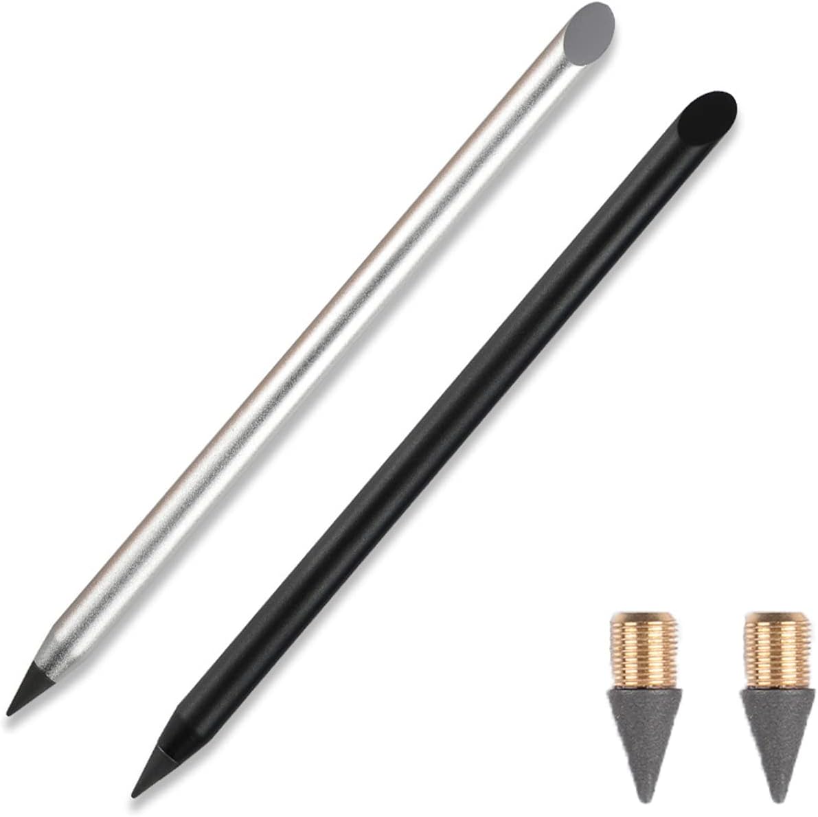 2pcs Metal Inkless Pencil with BONUS 2 Replaceable Nibs, Pen Erasable Metallic Reusable Everlasting for Writing Drawing Home Office School Supplies (Black & Silver).