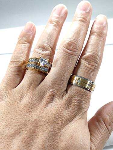 2 Rings Couple Rings Bridal Sets Yellow Gold Filled Heart Cz Womens Wedding Ring Sets Titanium Steel Man Wedding Bands3