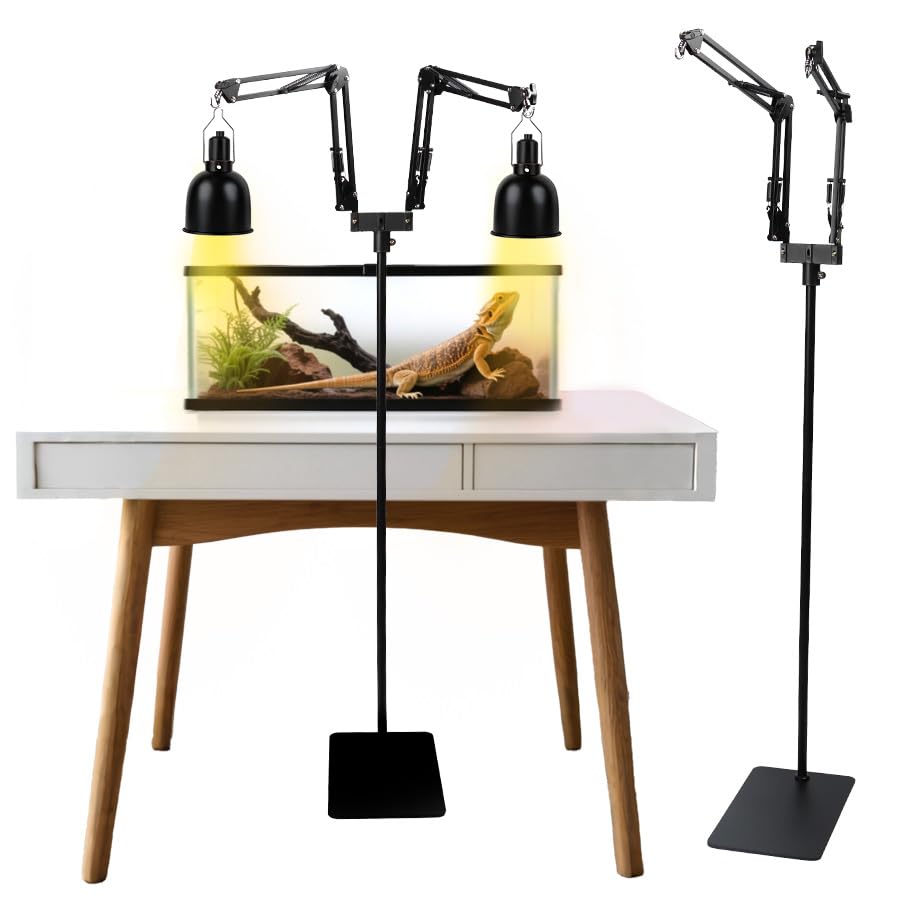 Supporto per lampada rettile, regolabile, rotazione a 360°, porta lampada rettile, con base, per terrario, per tartarughe, ragno (2 ganci) (2 ganci)