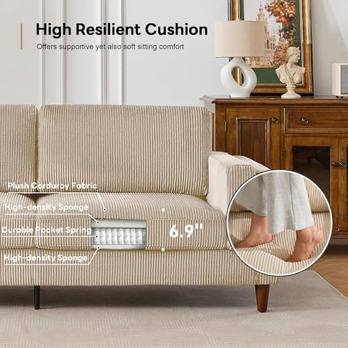 Tbfit 85" Corduroy Couch for Living Room, 3 Seater Mid Century Modern Sofa with Spring Cusions & Extra Deep Seat for Bedroom, Small Comfy Upholstered Couches Easy Assembly with Solid Wood Legs, Beige - Image 6