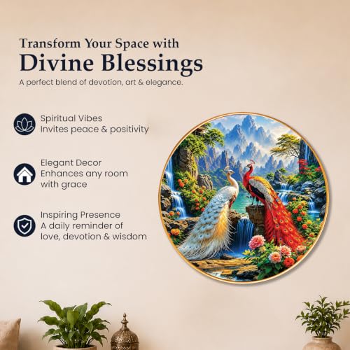 Image of PAINTINGMANTRA Pair of Peacocks Vastu Framed Wall Art Painting For Living Room, Waterfalls & Mountains Poster with frame for Wall, Decoration item for bedroom & Home, 23 Inch