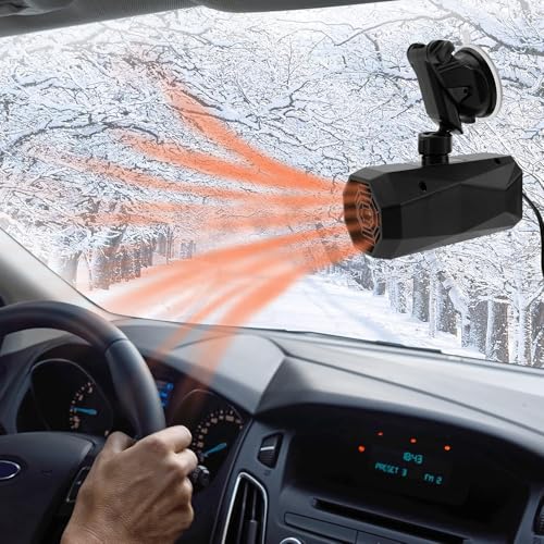 Ertisa Calentador De Coche, 12V 150W Calentador De Coche Portátil, Calefacción y Ventilador de Refrigeración 2 en 1 Descongelador Y Desempañador Giratorio de 360° para descongelación de Invierno