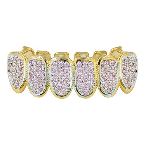 JINAO 18k Gold Plated All Iced Out Pink CZ Bottom Teeth Grillz for Women with Extra Molding Bars(bottom)