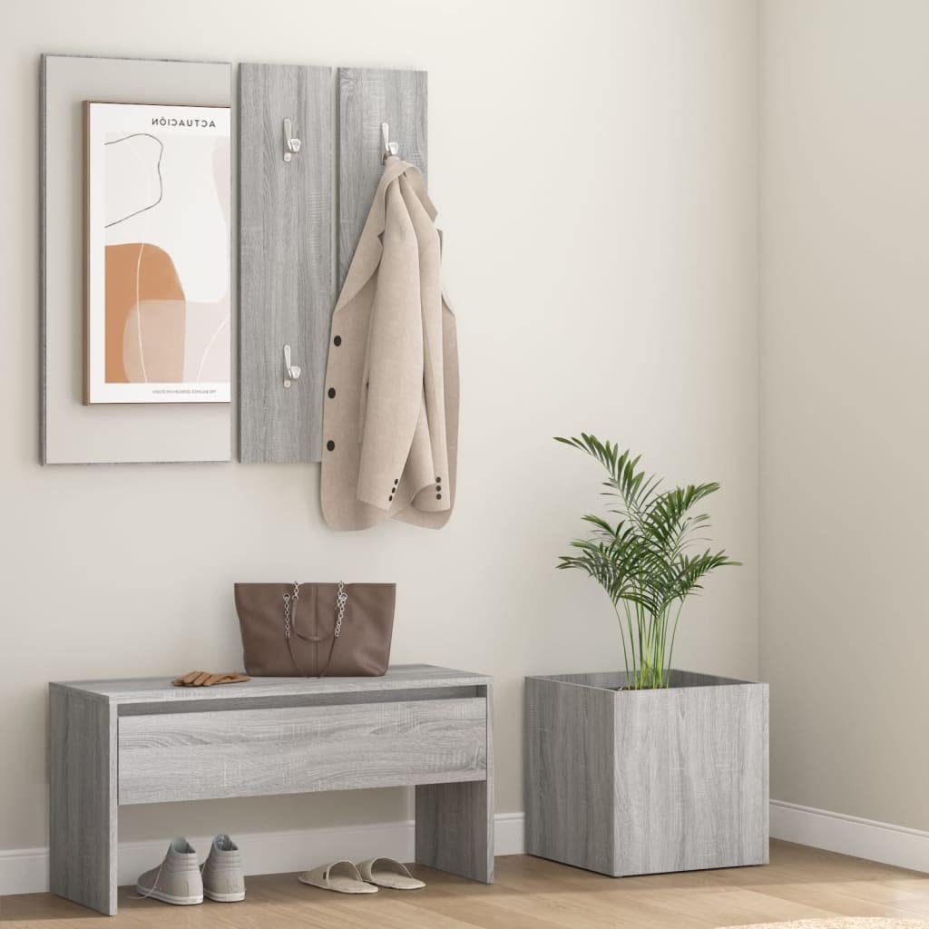 Juego de roperos de pasillo gris Sonoma con espejo, banco de pasillo, cajón de almacenamiento de hasta 110 kg por asiento, almacenamiento de zapatos y jardinera para pasillo