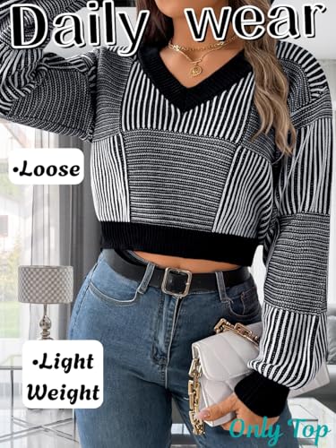Womens Sexy V Neck Striped Cropped Sweater, Knit Lightweight Long Sleeve Crop Top, Date Outfits Fall Causal Going Out4