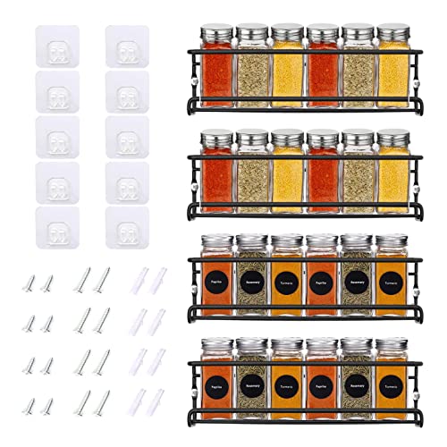 BTGGG Estante de especias para colgar en la pared de 4 niveles para armario interior con pegatinas adhesivas y tornillos, organizador de especias para cocina, pared, despensa, baño, color negro