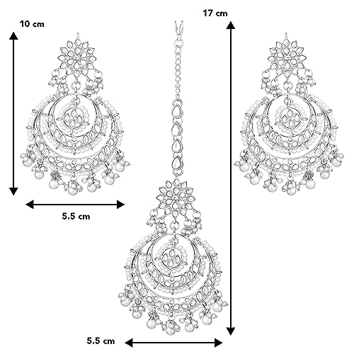 Image of Peora Traditional Jewellery Rhodium Kundan & Pearl Maang Tikka Earring Set for Women Girls