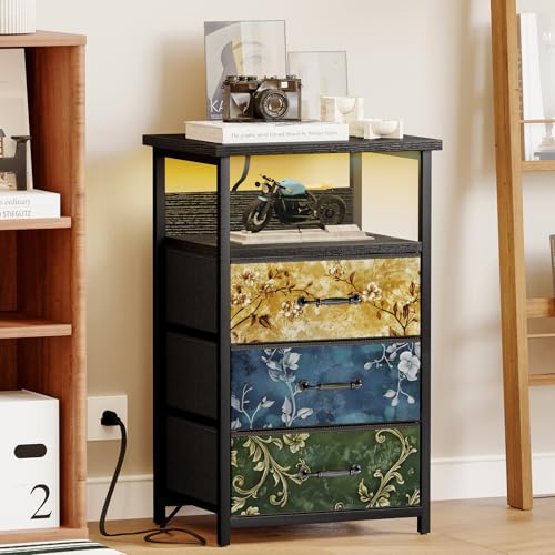 Image of Fixwal Night Stand with Charging Station, LED Nightstand with U-S-B Ports and Outlets, 3 Fabric Storage Drawers with PU Finish, Bedside Table, Vintage Flower