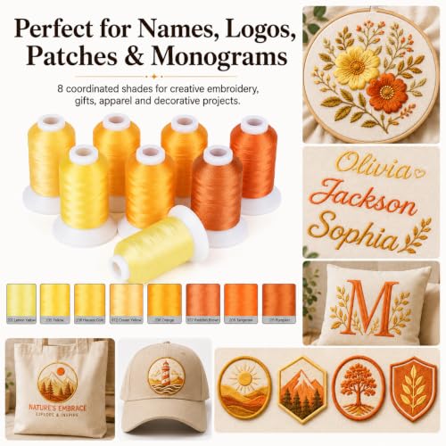 Image of Simthread 8 Shades 550Yds Each 40WT Polyester Embroidery Thread Yellow Set | 8-shade yellow set with 550Yds each offers smooth 40WT polyester thread for home and commercial embroidery machines.