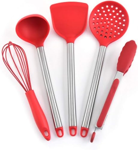 TREXD - Juego de utensilios de cocina de silicona mango de tubo de acero inoxidable juego de herramientas de cocina de cinco piezas espátula
