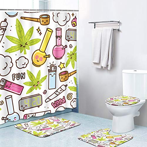 Britimes 4 Piece Shower Curtain Sets, Cartoon White Pattern With Non-Slip Rugs, Toilet Lid Cover And Bath Mat, Durable And Waterproof, For Bathroom Decor Set, 72" X 72" #TOP9