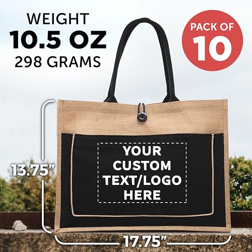 DISCOUNT PROMOS Custom Jute Tote Bags with Cotton Pocket Set of 10, Personalized Bulk Pack - Reusable, Great for Picnic, Camping, Beach, Outdoor Activities - Black by DISCOUNT PROMOS - Image 5