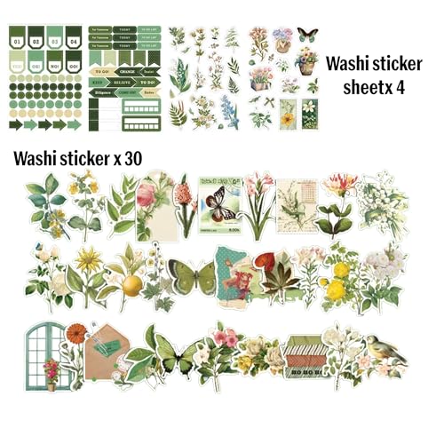 Image of The AutoStory Botanical Scrapbook Kit A6 Junk Journal Leaves Stickers Wildflower Decorative Papers Washi Tape DIY Craft Art Keepsake Memory Decor Collection Girls Teens (Plants Paradise, Green)