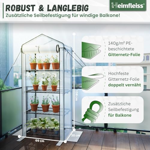 Heimfleiss® Foliengewächshaus mit 4 Ebenen | Balkon Gewächshaus klein | Garten Anzuchthaus Sturm- & Winterfest | Pflanzenzelt aus Folie & Metallgestell | Anzuchtregal Greenhouse Balkongewächshaus – Bild 4