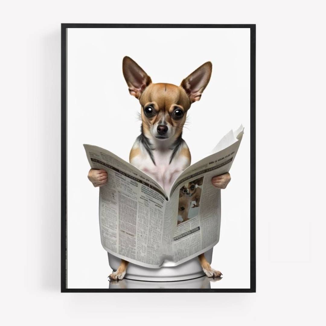 gfc Funny Bathroom Toilet animal Print Picture Poster chihuahua dog on a toilet reading newspaper A4 UNFRAMED wall art Home decor Decorating