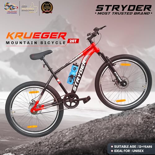 Image of Stryder 26T Krueger Mountain Cycle for Adults |Front Suspension | Dual Disc Brakes | Welded Steel Frame | Double Wall Alloy Rims | Unisex Bicycle (90% Assembled) (Red:: Black)