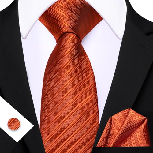 Image of Barry.Wang Solid Striped Tie for Men Silk Necktie Pocket Square Cufflinks Formal Wedding Party Business