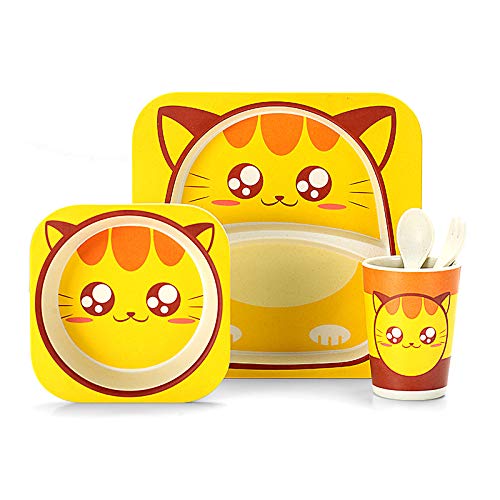 AMERTEER Bamboo Kids Plates and Bowl Sets - 5 Pcs Matching Dishes for Toddlers Ages 1+ 5 Kids Dinnerware Set, Baby Cute Kids Container Cutlery Set Children's Fork, Spoon, Cup, Plate and Bowl (Kitten)