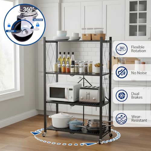 Image of 4 Tier Foldable Storage Shelf with Wheels, Collapsible Metal Rack Shelving Unit, No Assembly Required, Rolling Cart Shelf Rack Organizer for Books, Garage, Kitchen, Closet, Pantry, Exhibition, Black
