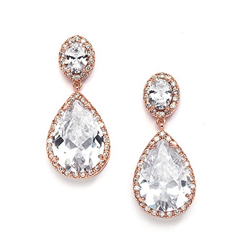 Mariell 14K Rose Gold Clip On CZ Wedding Earrings with Oval-Cut Halos and Bold Pear-Shaped Dangles