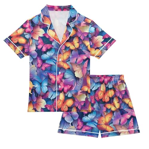 ALAZA Butterfly Color Beautiful Pajamas Satin Pajama Set Short Sleeve Button Down Sleepwear