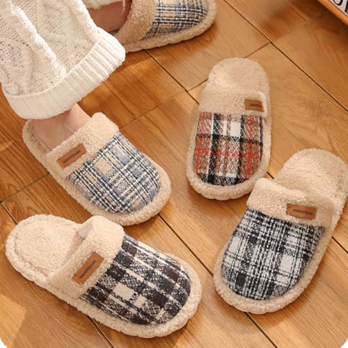 Premium Comfort Fleece Plaid Grid Design Non Slip Women's Fuzzy House Slippers Indoor Soft Warm Home Furry Shoes2